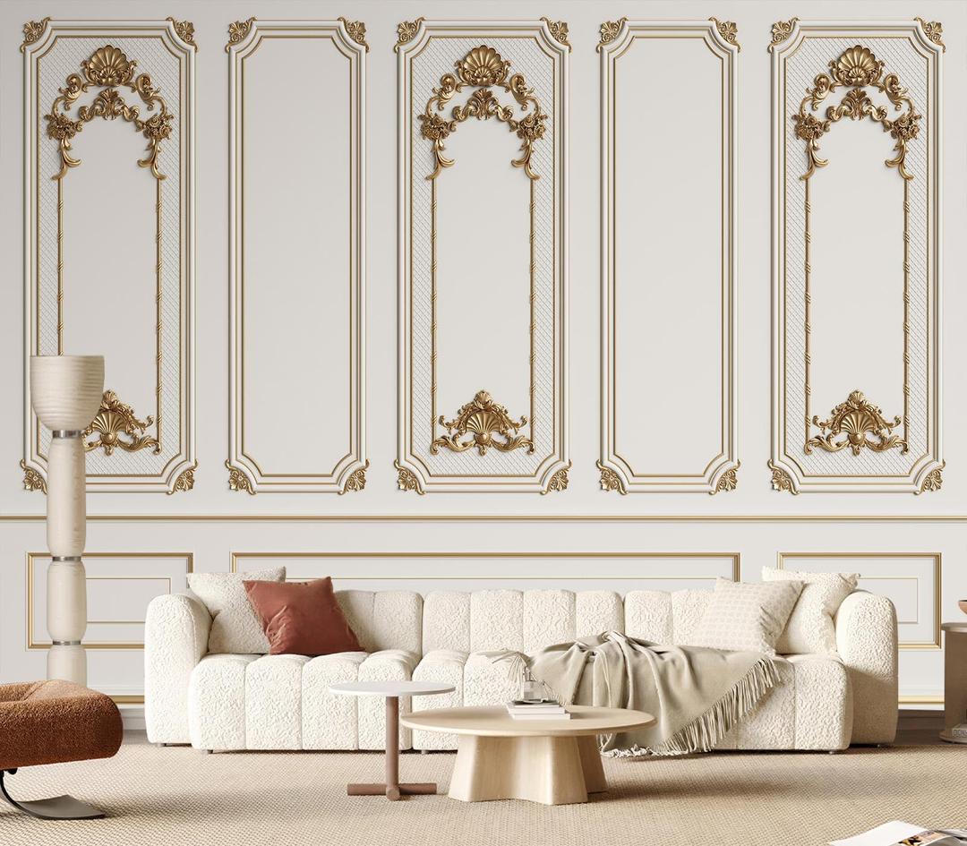 NCSBBSS-Classic White Gold 3D Wainscoting Panel Wallpaper Peel and Stick, Size: 80" x 61"