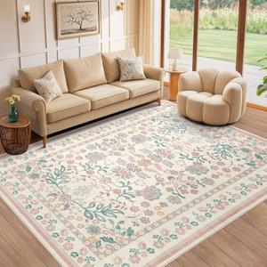 10x12 Area Rug Living Room Rugs - Washable Boho Vintage Floral Large Soft Non Slip Thin Rug Low Pile Carpet for Bedroom Dining Room Kids Playroom Office Decor Indoor- Pink