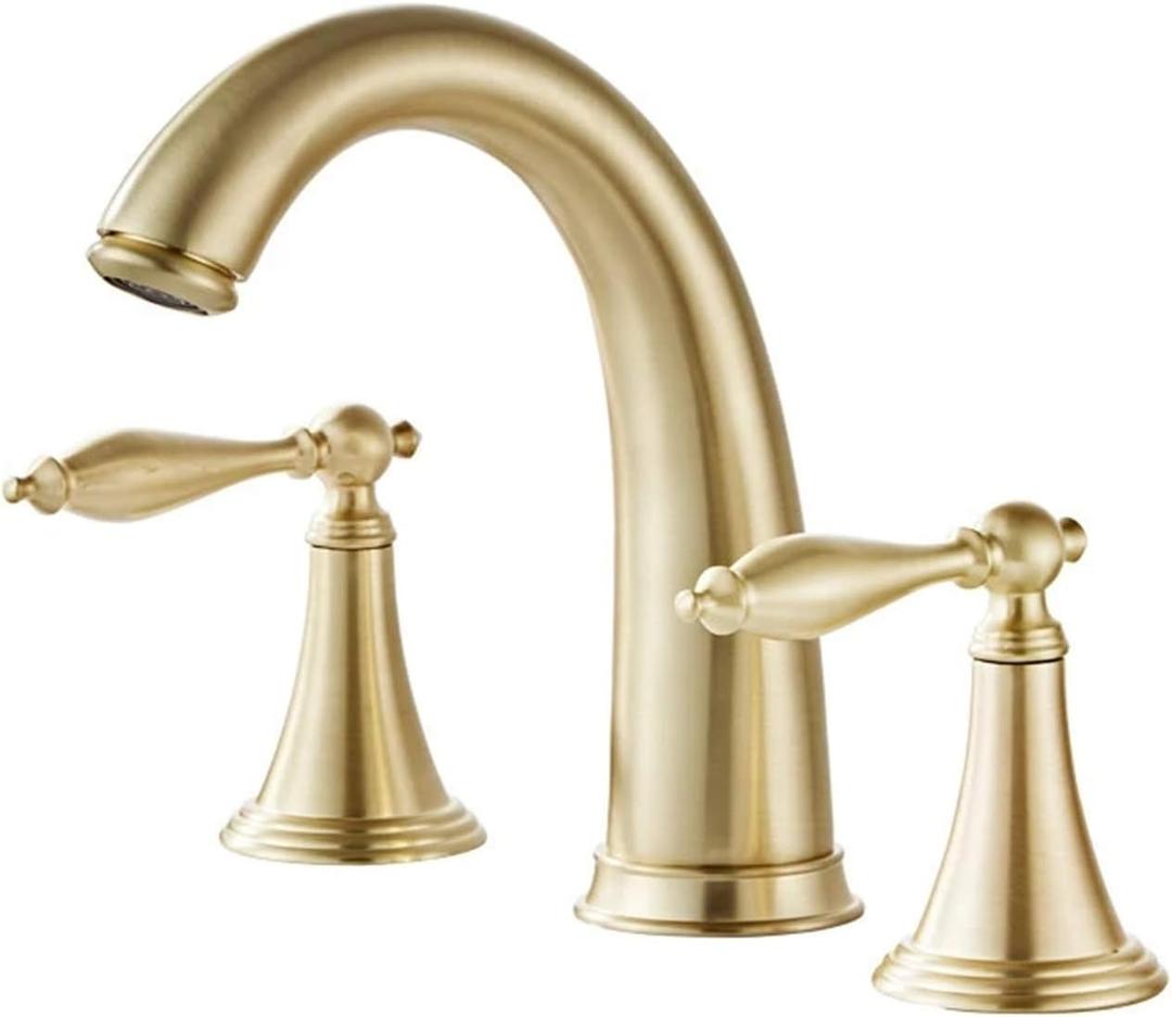 Bathroom Basin Brass Faucet, Brush Gold Widespread, Luxury Mixer Hot and Cold Shower Room Sink