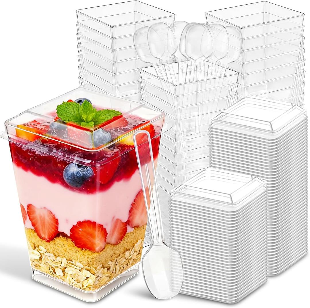 Ginkgo 100 Sets (300 Pieces) 5 oz Dessert Cups with Lids and Spoons, Clear Plastic Parfait Cups, Disposable Appetizer Cups for Pudding, Jello, Mousse, Ice Cream, Party & Catering Supplies