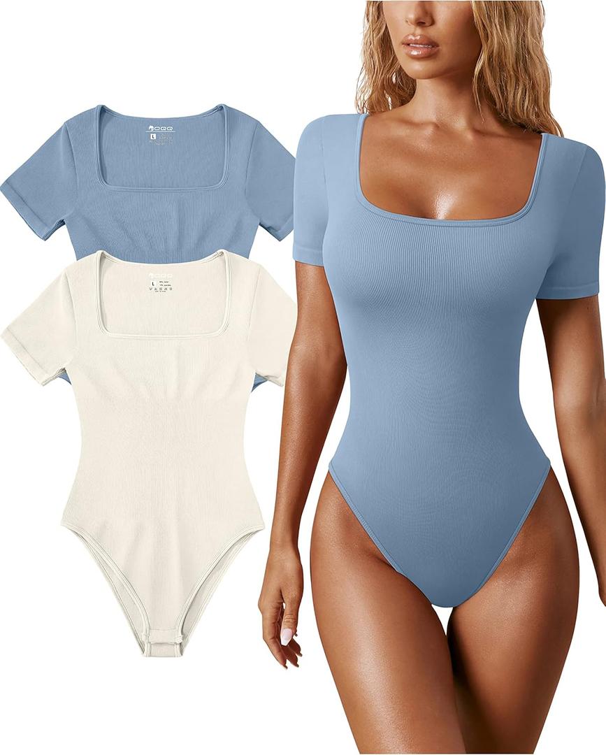 OQQ Women's 2 Piece Bodysuits Sexy Ribbed One Piece Square Neck Short Sleeve Bodysuits (Blue Beige)