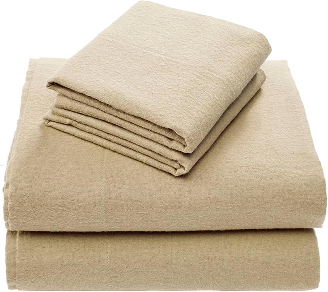 Comfort Spaces Cotton Flannel Sheets Queen Size, Ultra Soft Flannel Sheet Set with 14" Elastic Pocket Fits up to 16" Mattress, Breathable Warm Flannel Bedding, Tan Solid 4 Piece