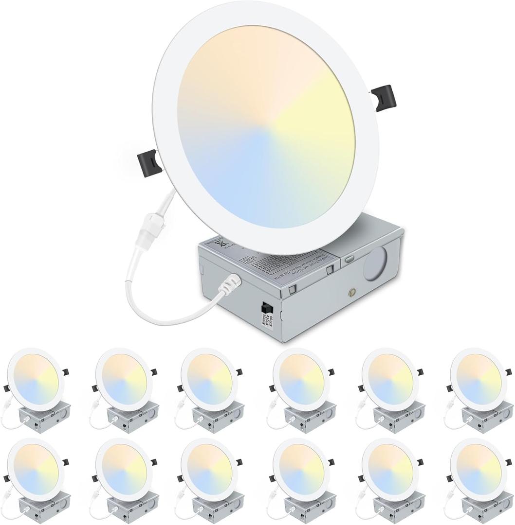 12 Pack 8 Inch LED Recessed Lighting with Junction Box Ultra-Thin, 3000K/4500K/6000K Selectable, 8" Dimmable Canless LED Downlight, 1800LM CRI80 High Brightness 5%-100% Recessed Light