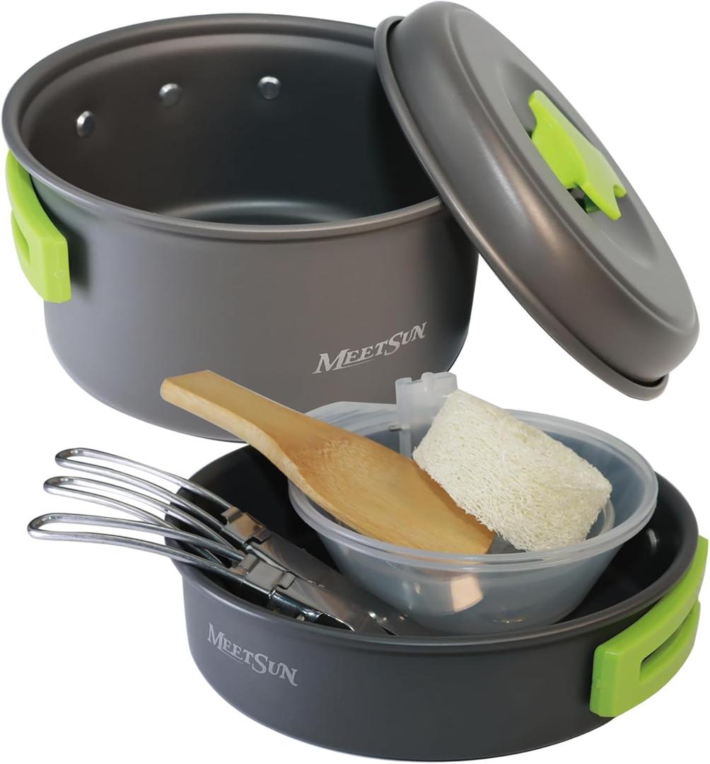 MEETSUN Lightweight Backpacking Cookware Set, Aluminum Camp Cooking Set with 1L Pot,Camping Mess Kit for 1 with Folding Tableware Perfect for Backpacking Stove Kit,Outdoor,Hiking,Survival,Emergency. (Green)