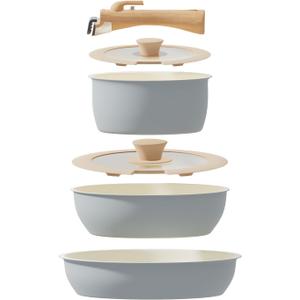 ShanSon 6 Pieces Kitchen Non-Stick Cookware Sets with Removable Handle, Stackable Pots and Pans Set Nonstick for Induction Gas RVs Camping Space SavingGray