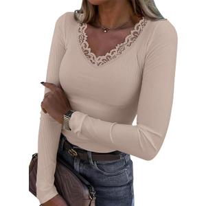LUXVEER Long Sleeve Shirts for Women Lace V Neck Ribbed Fitted T-Shirt Dressy Business Casual Blouses 2026 Trendy Fall Tops (M)