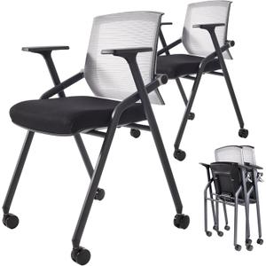 Conference Room Chairs, Folding Office Desk Chair with Lumbar Support and Sliding Armrest with Casters, Stackable Office Guest Chairs & Reception Chairs(2 Pack) (Grey)