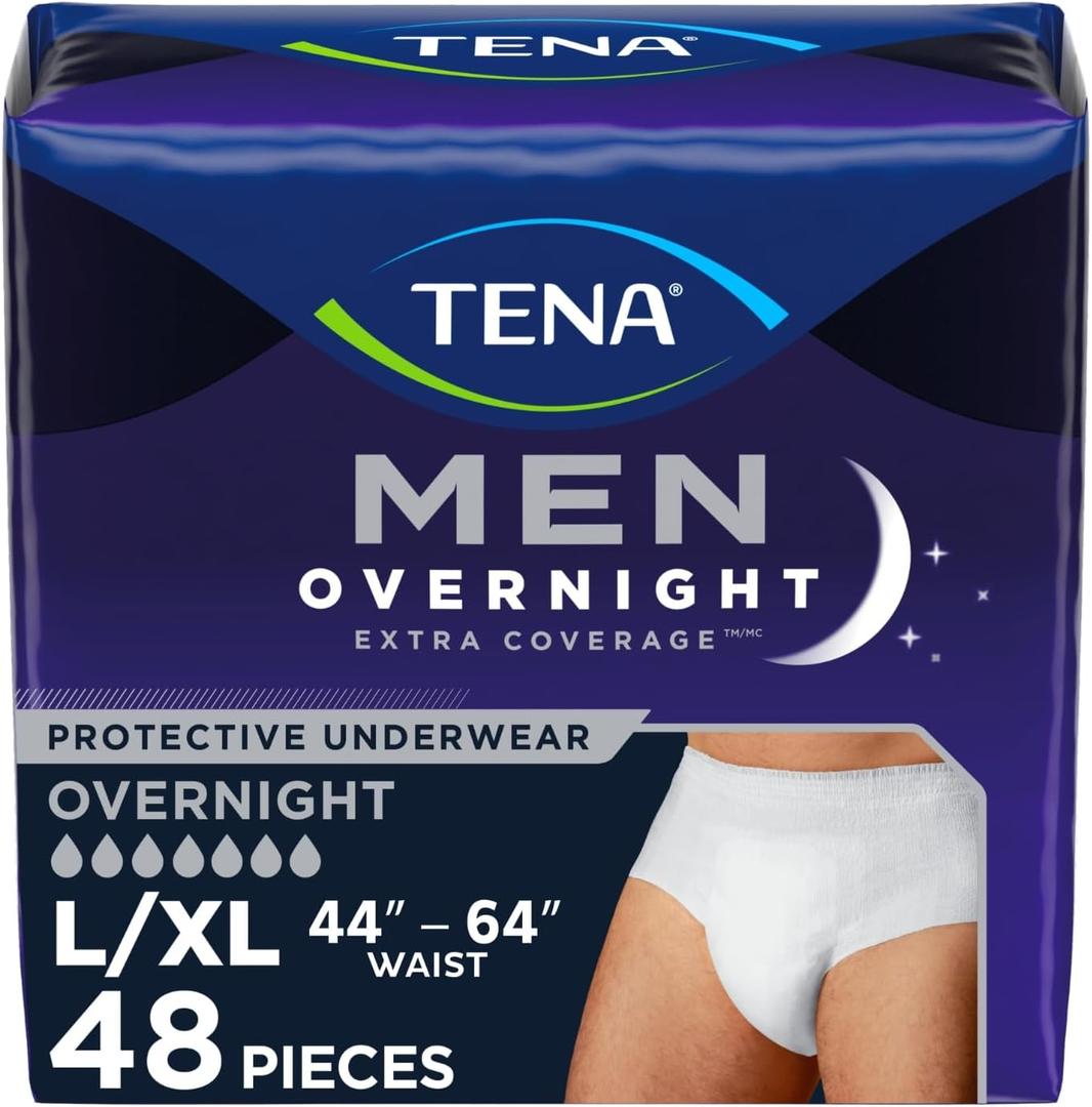 TENA MEN Overnight Extra Coverage Incontinence Underwear, Adult diapers, Large/X-Large (Waist Sizes 44in-64in), 48 Count (4 packs of 12)