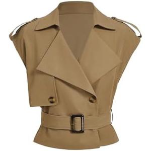 dGORGLITTER Women's Cropped Short Trench Coat Casual Dressy Belted Cap Sleeve Sleeveless Vest Coats Crop Going Out Jackets, M