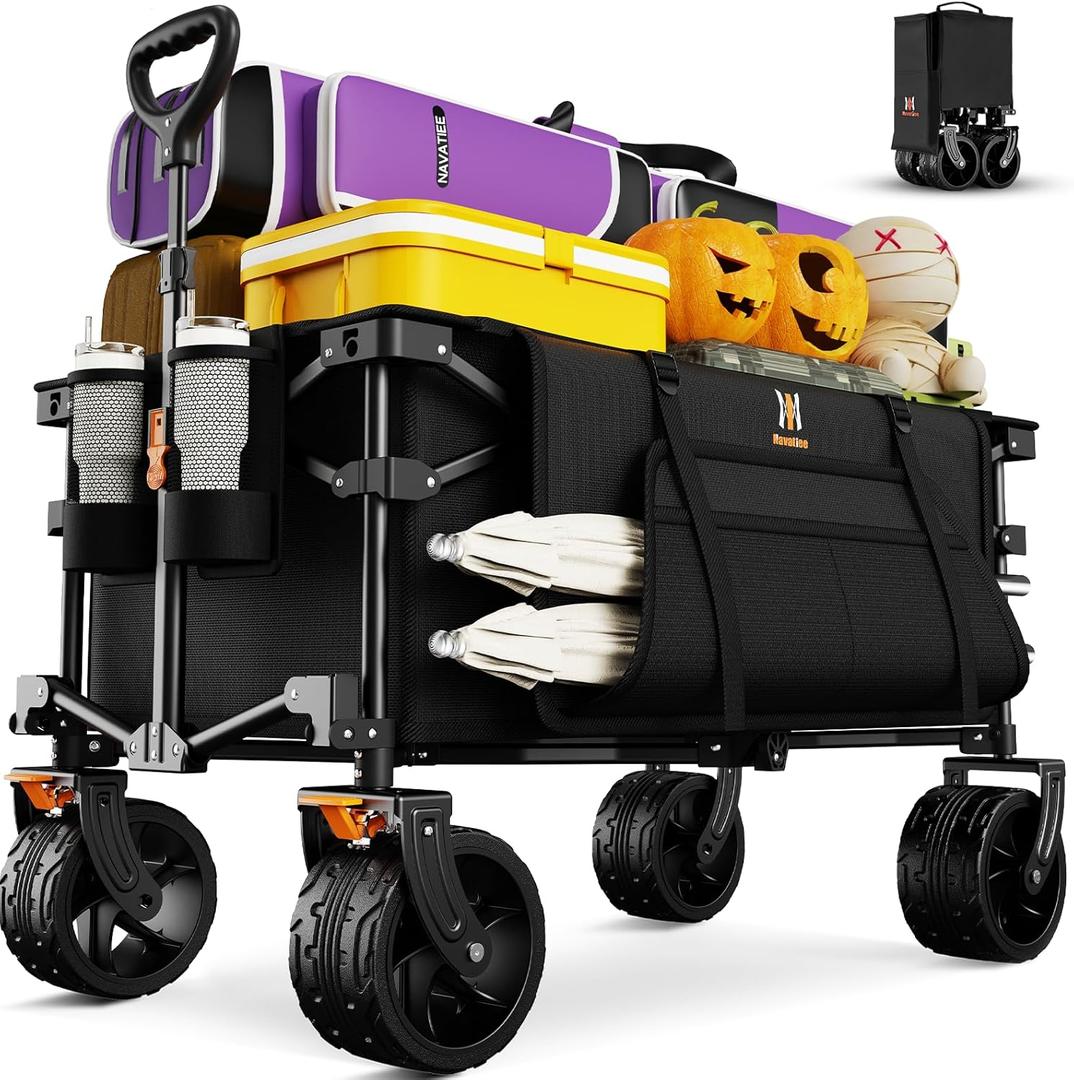 Navatiee Big Wheels Collapsible Wagon Cart Foldable, Heavy Duty Beach Wagon with Silent All-Terrain Wheels, Folding Utility Grocery Cart with Side Pocket and Brakes for Camping Garden Sports, Black