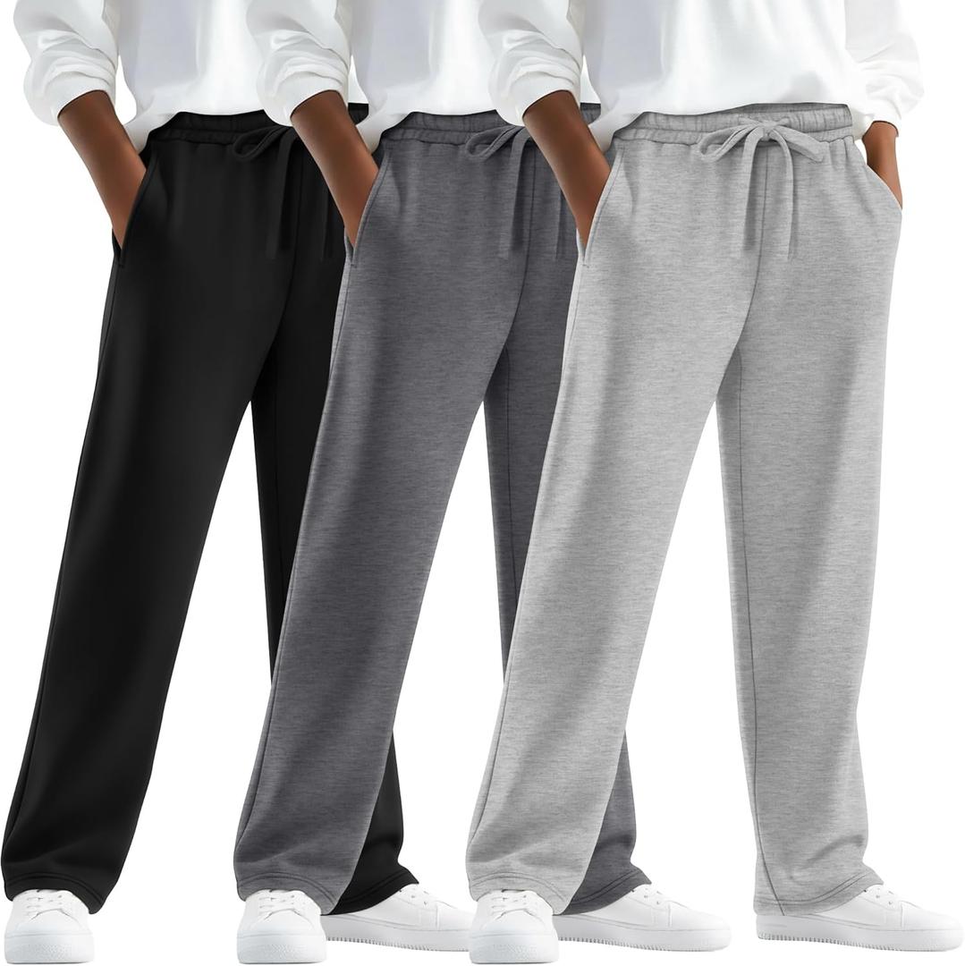 3 Pack Boy's Baggy Sweatpants Thin Straight Leg Open Bottom Athletic Pants Spring Drawstring Joggers with Pockets (Large, Light Gray, Dark Gray, Black)