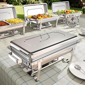 9Qt 4Pack [Multi-Size] Chafing Dish for Buffet | 80% Faster Screwless Assembly & Stackable Design for Wedding/Home/Christmas Buffets (Silver)