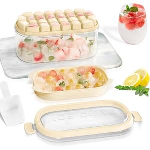 Small Ice Cube Tray with Lid and Bin for Freezer, Easy Release 54 Ice Cube Maker Tray & Mold, Ice Tray with Cover, Storage Container, Scoop. Flexible Durable Plastic, BPA Free (Beige)