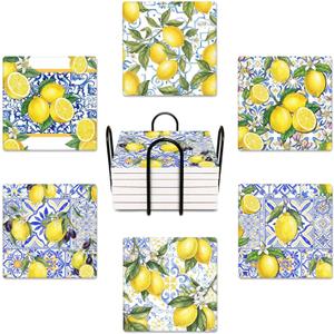 Coasters for Drinks Set of 6, Yellow Lemon Fruit Blue Ceramic Tiles Pattern Absorbent Square Ceramic Stone Mat, with Cork Base and Metal Holder, Gift for Housewarming Room Bar Decor