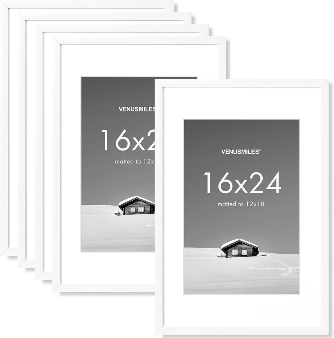 16x24 inch Picture Frame, 16x24 Photo Frames with 12x18 Removable Mat - High Definition Plexiglass - Vertical and Horizontal Display - Wall Hanging Poster Frame - White, Pack of 5