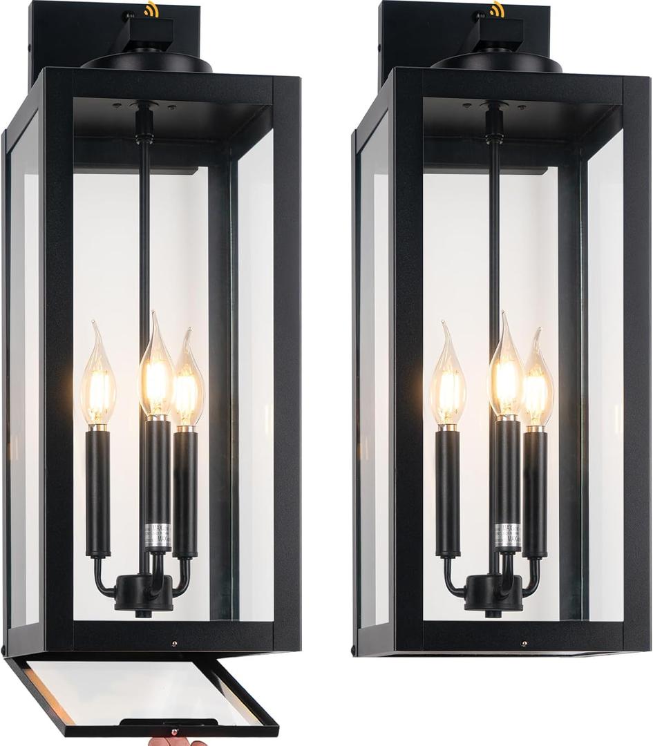 24" Extra Large Fully Enclosed Dusk to Dawn Outdoor Light Fixture 3-Light, Black Outdoor Porch Lantern Wall Mounted, Waterproof Outside Wall Sconce Coach Lamp for House, E12, 2 Packs, Bulbs Not Included