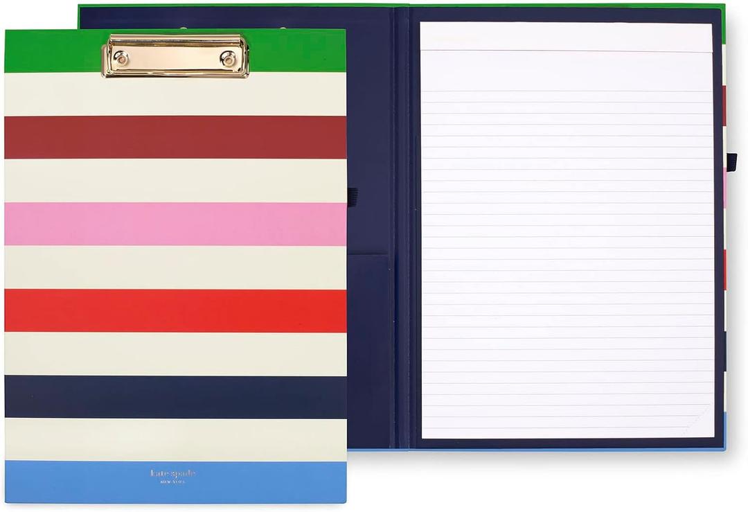 Kate Spade New York Clipboard Folio with Low Profile Clip, Professional Padfolio Includes Lined Notepad, Pen Loop, and Pocket, Adventure Stripe (237048)