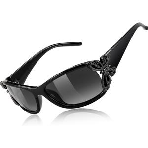 FEISEDY Trendy Polarized Y2K Sunglasses Wrap Around Butterfly Design Fashion Sunnies UV400 Protection B0078 (Black Frame & Gradual Grey Lens)