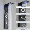 RUMOSE Matte Black Shower Panel Tower System, 5-Function Shower Faucet Set LED Light Rainfall Shower Head Digital Display with Massage Jets Tub Spout Shower Shelves, Stainless Steel, Wall Mount