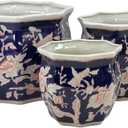 Galt International Blue & Pink Round Fluted Floral Porcelain Ceramic Plant Flower Planter Pot Set of 3 (7.5", 10", 13") Garden Pots Chinese Asian Design