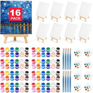 16 Pack 8 * 10In Canvas Boards for Painting, Art Canvas for Drawing with 32 Brushes & 16 Paint Trays & 32 Acrylic Paint, Mini Painting Canvas with Easel Set, Painting Kits for Adults Party