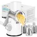 X Home Rotary Cheese Grater for Kitchen, Shredder with 3 Interchangeable Blades, Rotary Grater with Handle and Strong Suction Base, for Vegetables, Fruit, Nuts, Easy to Use and Clean, White