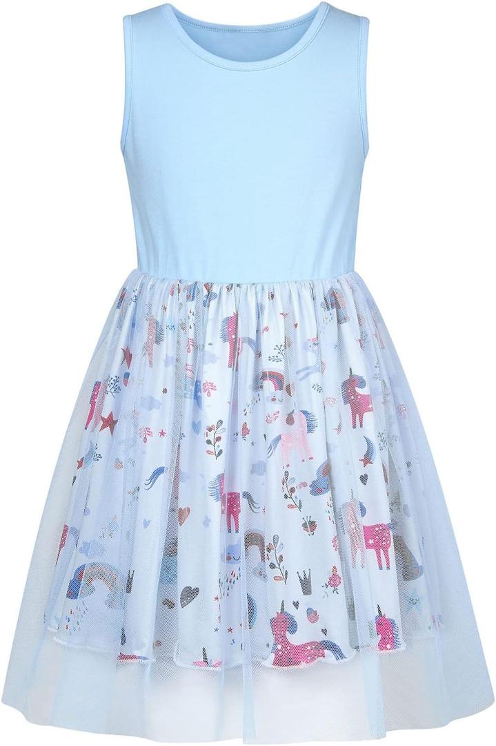 Vieille Girl Dress Casual Sleeveless Tutu Tulle Sundress for School Party (Blue)