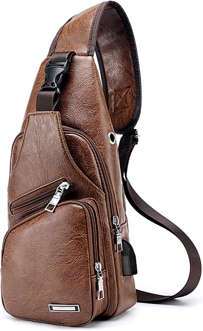 Peicees Leather Sling Bag Mens Crossbody Bag Chest Bag Sling Backpack for Men with USB Charge Port, Medium