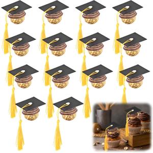150Pcs Graduation Cap Chocolate Decorations,2025 Graduation Cap Cupcake Toppers Chocolate Decorations with Tassel Adhesive Dots for Class of 2025 Congrats Grad Cap Black