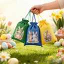 12 Pcs Easter Bunny Gift Bag with Drawstring, Easter Bags Burlap, Party Favor Birthday Decoration Reusable Rabbit Linen Goody Gift Bags with Double Jute Drawstrings, Treat Goodie Bag for Some Bunny Is One Easter Baby Shower Candy Garden Tea Party, 5x7 inch