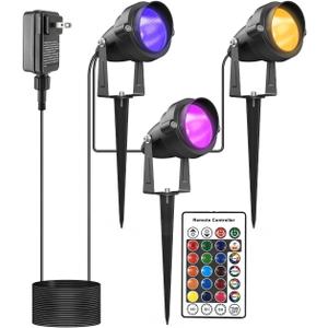 Outdoor Spotlights with Timer, Colored Yard Spot Lights Warm White RGB LED Landscape Light IP65 Waterproof Uplight with Spiked Stand for Lawn House Flag Pathway Porch Christmas (3 Lights)
