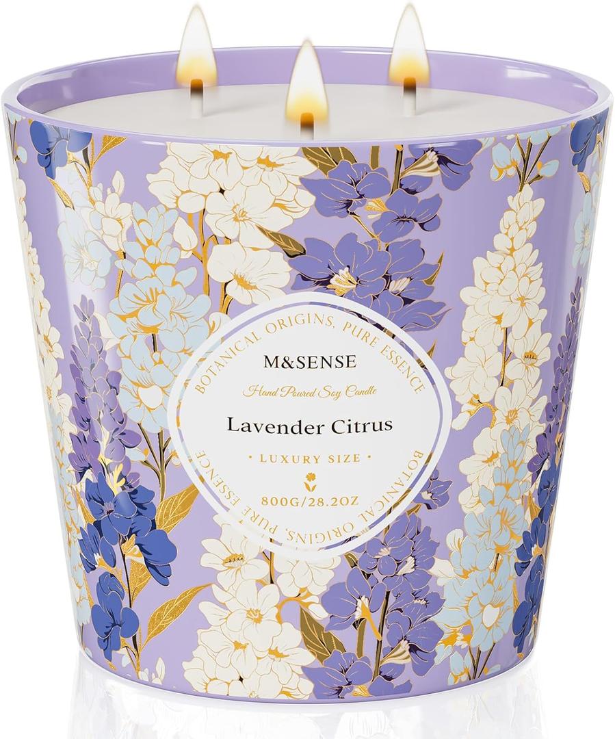 M&SENSE Lavender Citrus Scented Candle, 28.2oz 3 Wick Natural Soy Wax Large Candles, Long Lasting Clean Slow Burning No Toxic Dcor for Home Relaxation, Romantic Dates & Gift-Giving