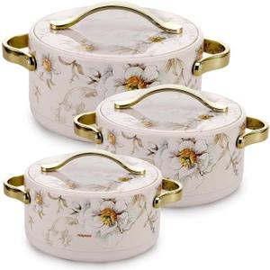 White Inner Stainless Steel Casserole Set of 3 (500ml, 1000 ml, 1500 ml), Ivory | BPA Free | Food Grade | Easy to Carry | Easy to Store | Chapati | Roti | Curd