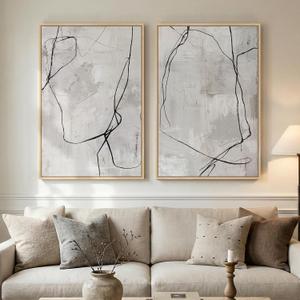 Large Framed Neutral Line Abstract Wall Art Set of 2 for Living Room, Minimalist Modern Black Canvas Artwork for Walls, Contemporary Abstract Painting Print Wall Decor for Bedroom Office, 24x36 Inch (Beige)