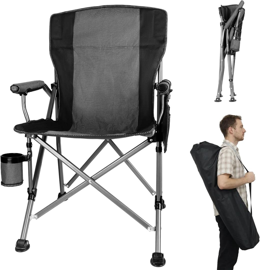 Folding Camping Chair with Cup Holder and Storage Bag, Heavy Duty Support 400 LBS, Oversized Collapsible Portable Camping Chair for Outdoor Camp, Picnic, Travel, Fishing Grey (Small)