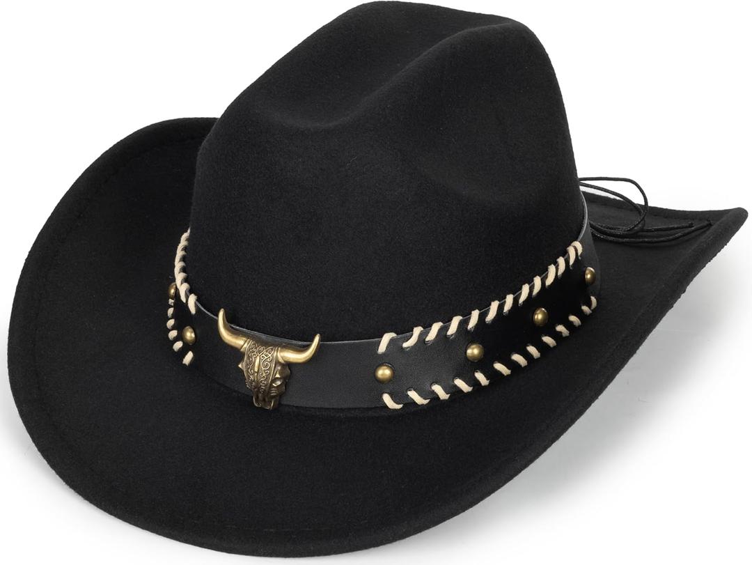 INOGIH Classic Black Western Felt Roll-Up-Brim Cowboy-Hat for Women Men - Bling Cowgirl-Hat Felt Fedora for Disco Parties (Medium)