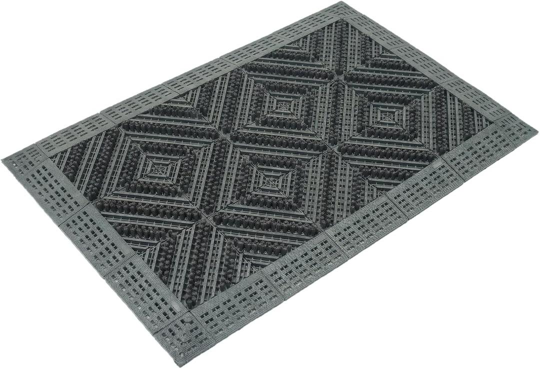 Interlocking Entrance Mat with Triple-Brush Scraper, Heavy-Duty Commercial Door Mat, All-Weather Non-Slip Drainage Floor Tiles, Gray 24 x 36 Inch for Outdoor, Garage, and Mudroom