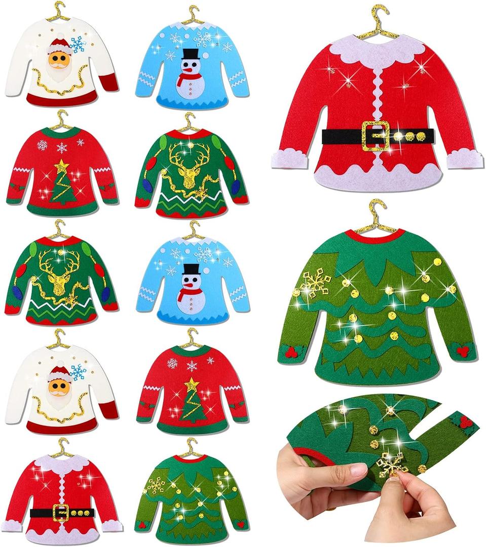 Kasyat 12 Pcs Christmas Ugly Sweaters Crafts for Families DIY Felt Ornaments Kits Christmas Tree Ornaments Mini Metal Hangers Xmas Props Accessories for Xmas Party Decoration Supplies
