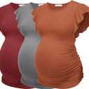 Ekouaer Womens Maternity T Shirts 3 Packs Flying Short Sleeve Side Ruched Postpartum Top Mama Pregnancy Clothes Caramel/ Grey/ Wine Red XL