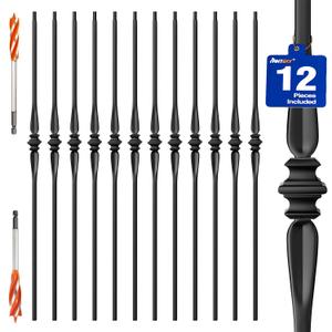 Wrought Iron Hollow Balusters - Deck Spindles Stair Railing indoor,Stair Single Spoon Knuckle Hollow Iron Baluster stair spindles, for staircase interior, Includes 2 Drill Bits for Wood(12 Pack Black)