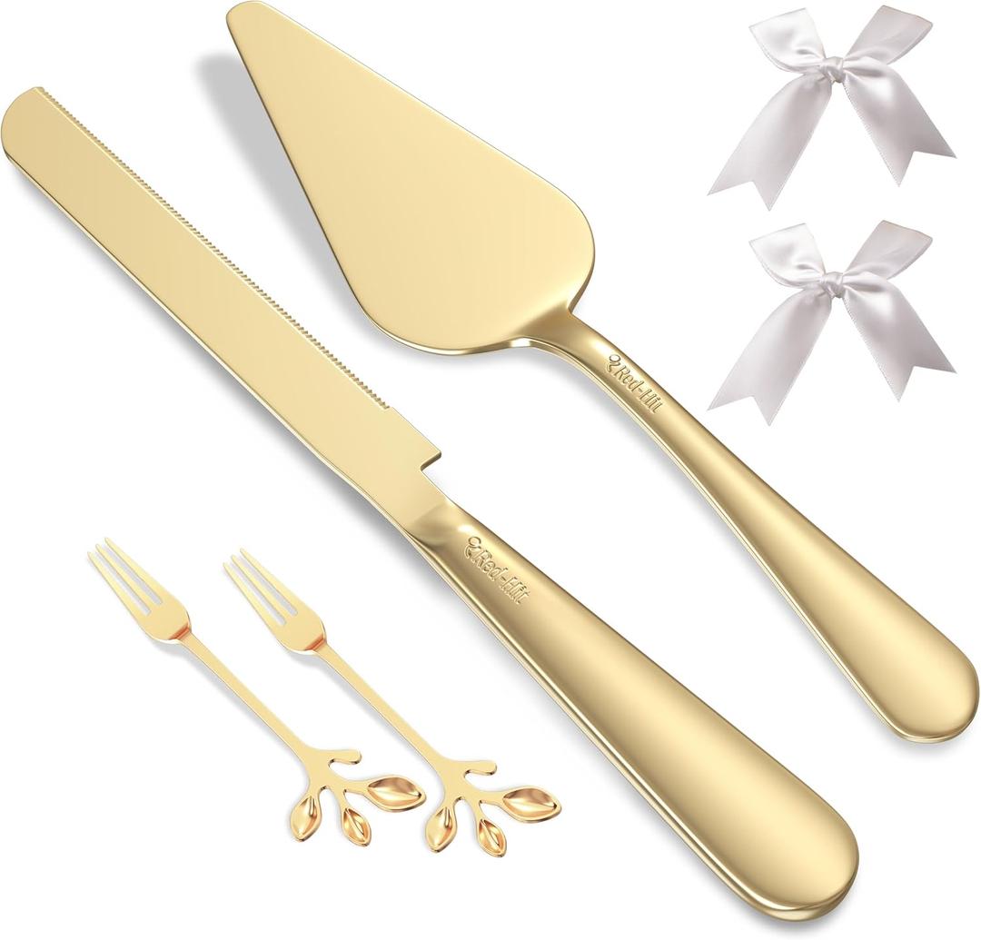 Wedding Cake Cutting Set, Elegant Gold Cake Cutter and Cake Server with Bonus Forks & White Bows, Extra Thick Stainless Steel Cake Knife and Server Set for Anniversary, Birthday, Baby Shower (13 Inch - Wedding Style)