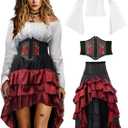 Verceco Pirate Costume Women Outfit with Renaissance Pirate Shirt Skirt Corset Waist Belt Women's Halloween Pirate Costumes (White+ Red, L)