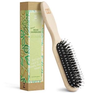 Natural Boar Bristle Hair Brush for Women, Men, Kids; Dry and Wet Detangling Hair Brush Gently Enhances Shine, Smooths Frizz and Prevents Breakage in Fine and Straight, Thick and Curly Hair (Long)