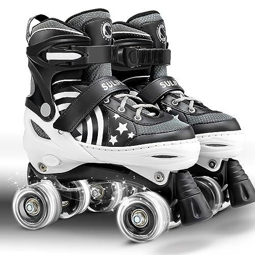 SULIFEEL Rainbow Unicorn 4 Size Adjustable Light up Roller Skates for Girls Boys for Kids (E Black, Medium - Big Kid) 32-36
