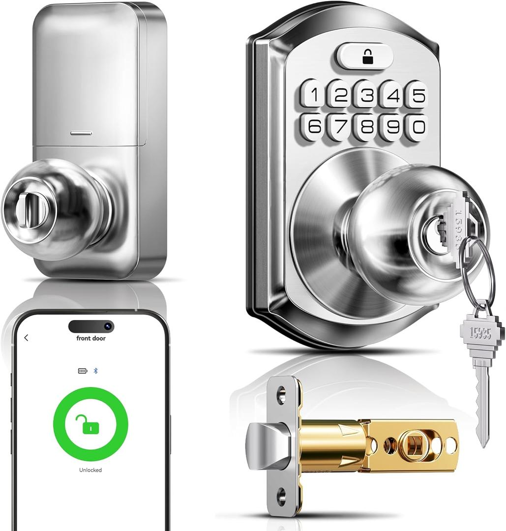 TEEHO TE018 Smart Door Knob with Keypad, App Control, Keyless Entry Digtal Door Lock with Handle, Remote Share One-Time Code, Auto Lock, Easy Installation for Front Door, Bedroom, Rental, Satin Nickel