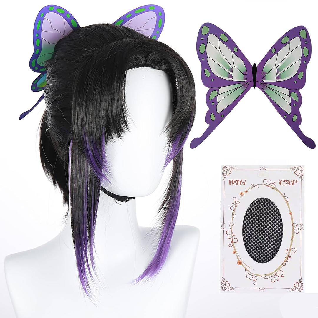 Shinobu Cosplay Wig with Butterfly Clips Cosplay Wig with Ponytail Anime Wig with Wig Cap for Theme Party, Cosplay ShowHalloween(Black & Purple)