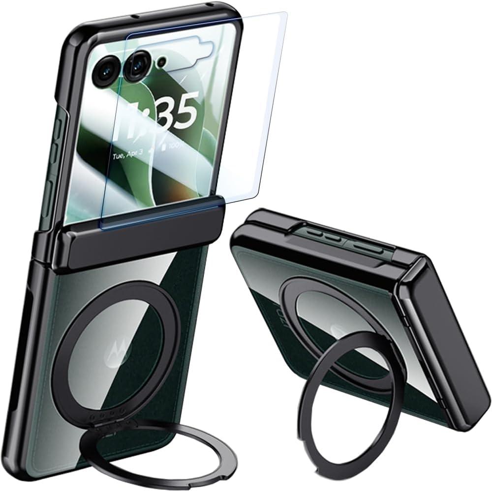 Clear Case for Motorola Razr Ultra 2025 with Magnetic Rotating Ring Kickstand & Screen Protector and Hinge Protection, Transparent Plating Wireless Charging Case for Motorola Razr Ultra 2025(Black)