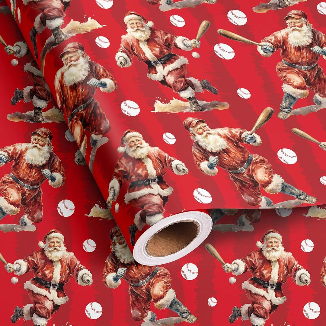 Dtiafu Baseball Christmas Wrapping Paper Roll for Kids Boys Santa Claus Sport Design Funny Xmas Gift Wrap For Winter Holiday Party Celebration - Total 28.5sq.ft