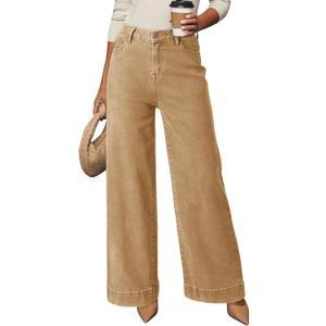 DOKOTOO Women's Casual High Waisted Jeans Stretch Button Wide Leg Loose Denim Pants with Pockets (Beige)
