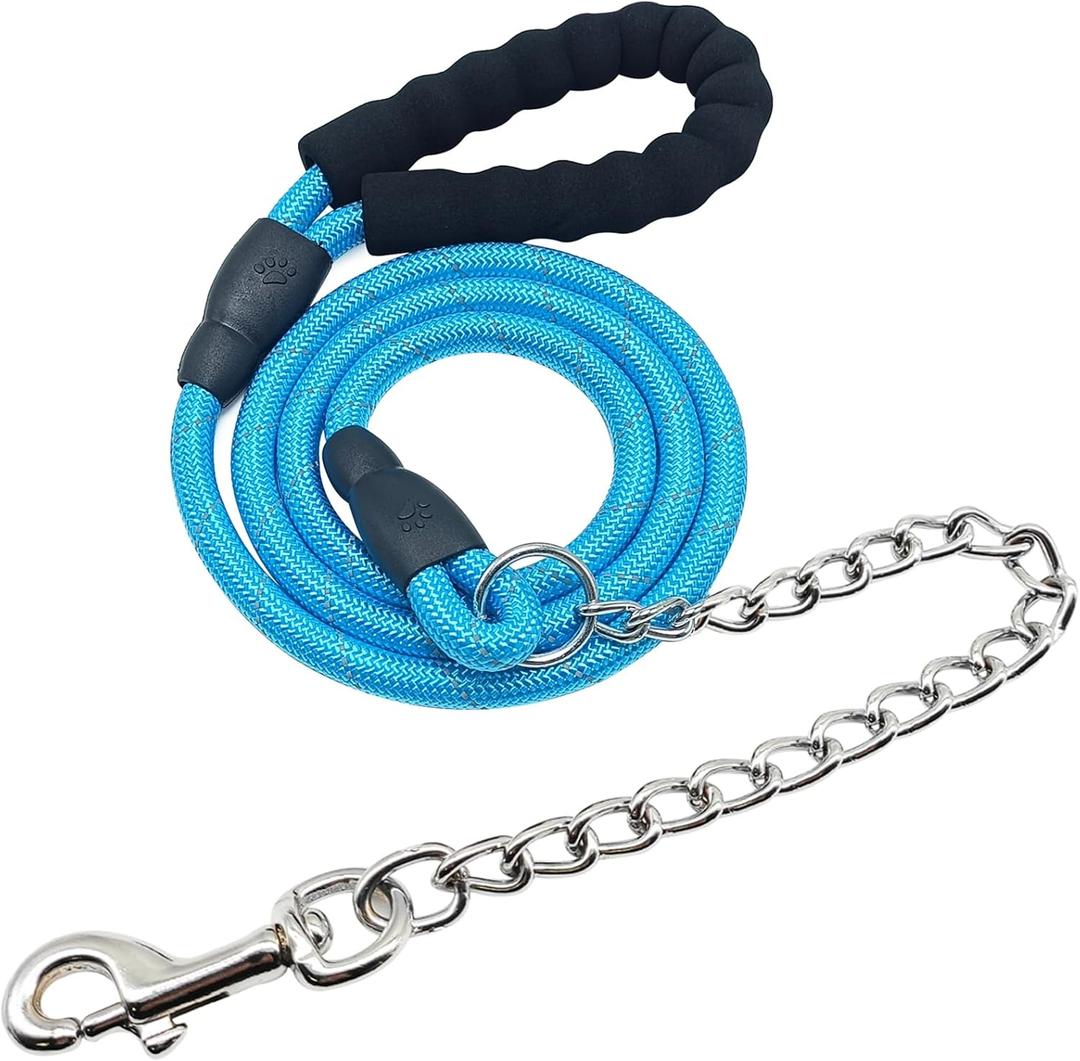 BTINESFUL 6FT Chewproof Dog Leash, Strong Nylon Rope with Anti-Chewing Chain and Padded Handle for Medium Large Dogs Outdoor Training Walking Hiking (Blue)
